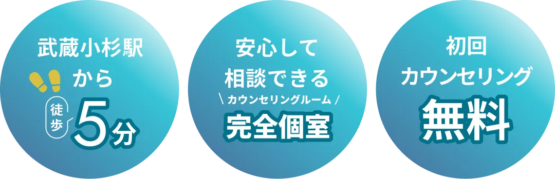 武蔵小杉駅から徒歩5分　安心して相談できるカウンセリングルーム完全個室　初回カウンセリング無料